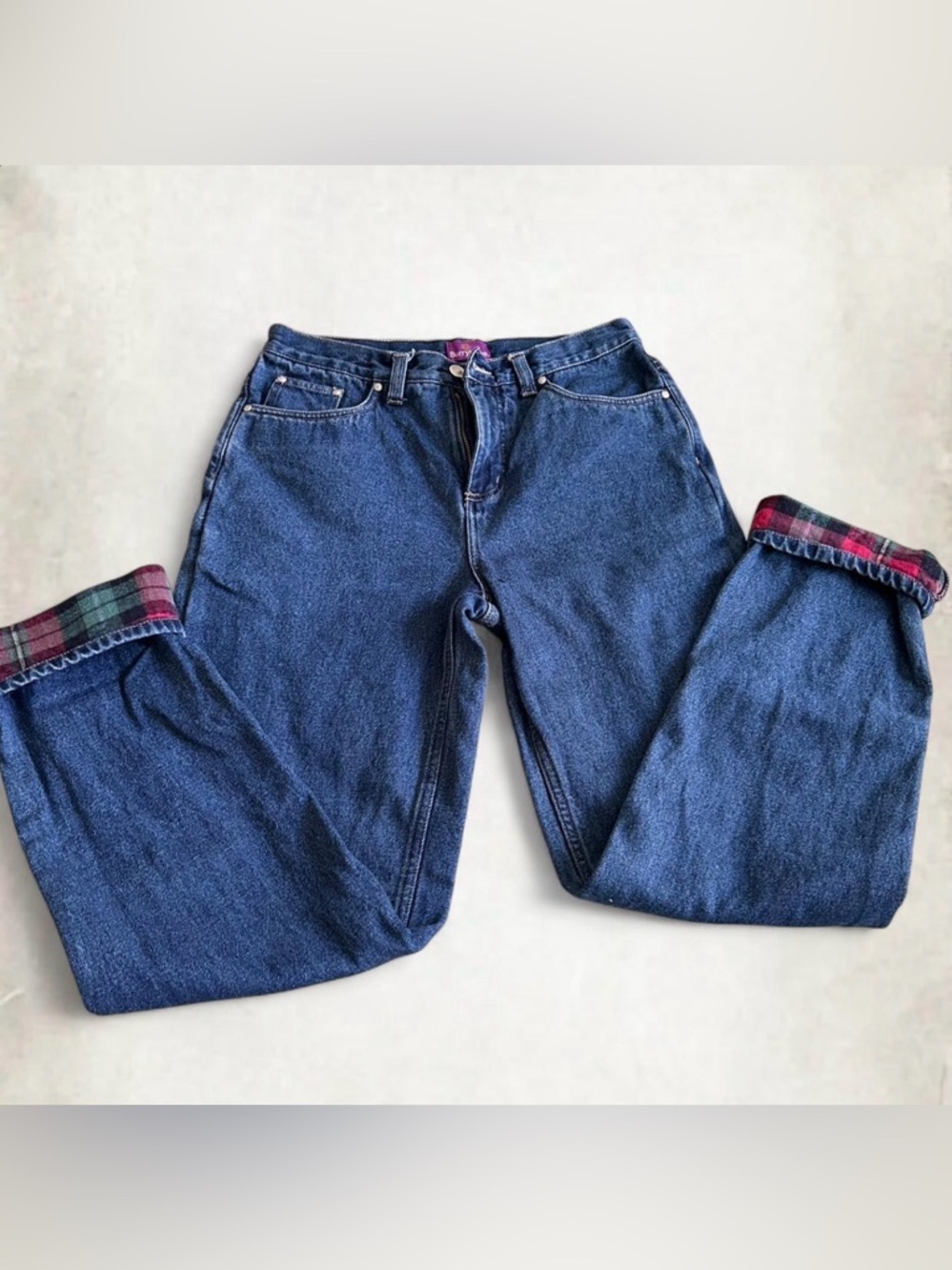 Vintage 90s Burry Lane Flannel Lines Straight Leg High Waisted Denim Jeans